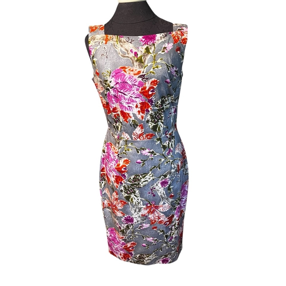 SAMANTHA SUNG Gray Floral Sheath Dress with Pink & Red Blooms